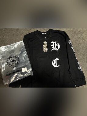 Chrome Hearts Black Long Sleeve Logo Tee with White Gothic Print